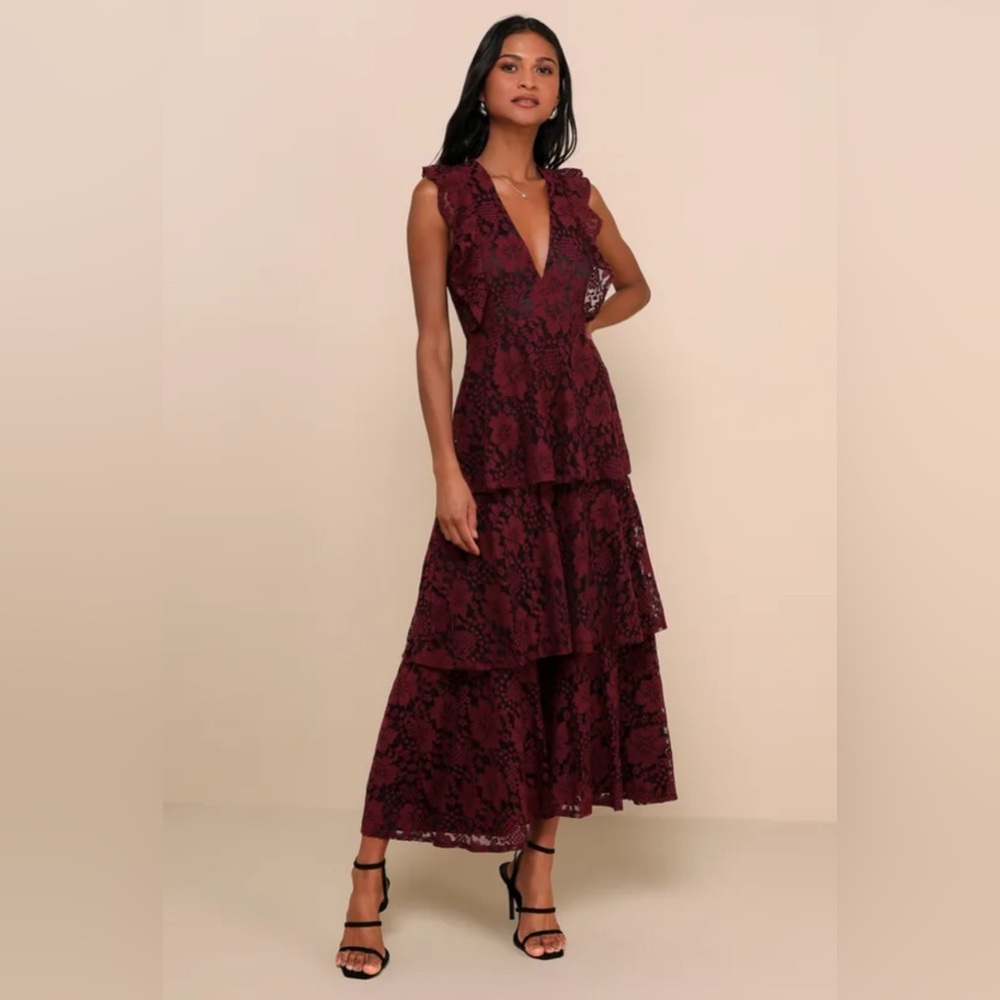 Molinetto Burgundy Lace Ruffled Tiered Sleeveless Maxi Dress, Lulus, Size Small